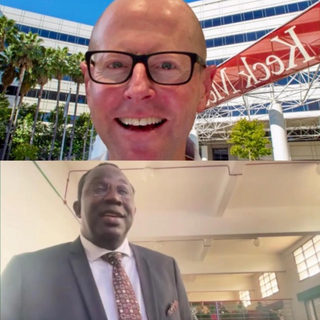 Senegal Endocrine/Diabetes Society President Professor Abdoulaye Leye (bottom) during post-Keynote Q & A with USC Professor David G. Armstrong (top) in Dakar and Los Angeles, respectively